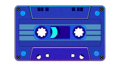 A vibrant illustration of a classic cassette tape in a carbon fiber aesthetic, blending shades of blue and purple, inspired by the pop art style of Roy Lichtenstein, set against a clean white background, with subtle halftone patterns and bold outlines for a retro-futuristic vibe.