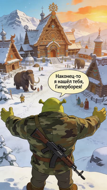 Shrek, viewed from behind, in a military camouflage jacket with an AK-47 slung over his shoulder, arms outstretched, looking at a fantastical ancient Slavic or Hyperborean village covered in snow. The village features intricately carved wooden buildings with ornate roofs and decorations, surrounded by snow-capped mountains under a pale blue and orange sky. A speech bubble above Shrek's head says "Наконец-то я нашёл тебя, Гиперборея!" (Finally I found you, Hyperborea!). Woolly mammoths are visible within the village, along with small figures of people in ancient attire. The art style is a blend of digital painting for the background and a cartoonish, cel-shaded style for Shrek. Bright, cold lighting with a warm glow from the sunrise/sunset in the background. The atmosphere is epic and whimsical with a touch of humor.