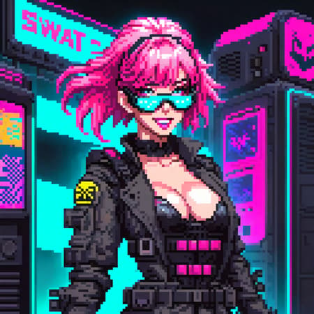 (swat man), (pixel art), detailed, torso, gloves, mask, goggles, action pose, trench coat, pink, surreal, strange, (full body sexy gamer girl with pink hair photo), vaporwave neon theme, woman, portrait, smile, laugh, open mouth, (upper body, bust shot, looking away:1.1), neon hair