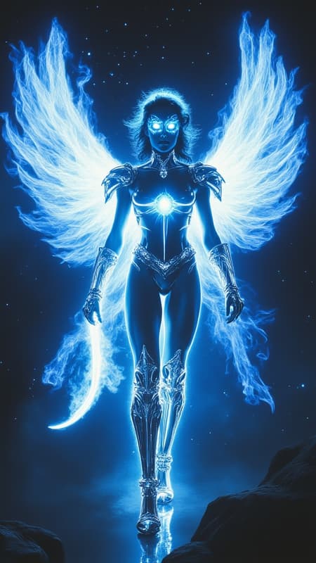 Futuristic Sci-Fi meets mythology and spirituality. Battle goddess, goddess of vengence and retribution. Avenging Angel, God's favorite destroyer of evil, demon killer, galactic traveller, space goddess. Her avatar is that of an otherworldly being; she is tall, strong, athletic, statuesque. Her physical being/skin is the fabric of the universe, you can see darkness with stars and galaxies within her physicality. Her eyes are two new-born stars, shining brightly. Her hair is jet-black medium length and spiky, asymmetrical and swept back on the sides with spiky bangs, also reflecting the universe. Chrome pauldrons on her shoulders with white gems lit up from within. Chrome bracers on her arms, chrome breastplate with glowing white glyphs, chrome tech belt on her waist with glowing blue stone at the center. Chrome shorts/ short pteruges, chrome thigh guards. Chrome knee-high boots with heels, glowing white glyphs within the boots. She has six huge flaming wings of fire like a seraphim, composed of bright blue flames. She carries a gigantic flaming blue sword of light and fire. She has more than enough power and glory to destroy whatever evil confronts her. When The Creator sets her to a task, she does not stop until it's completed or The Creator calls her off. Full body pose, in space defending a galaxy, the stars reflected off her chrome outfit. {{{6 flaming wings of bright blue fire}}}  {{{MASTERPIECE}}} 