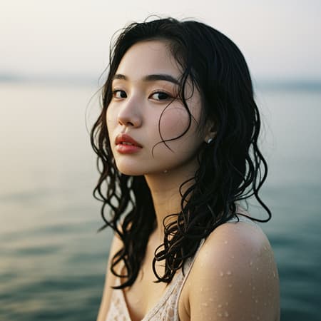 asian woman with elegantly curled hair inspired by samyang af 14mm f/2.8 rf style, blending oshare kei aesthetics with a palette of dark beige, capturing a hyper-realistic water effect, featuring distinct and expressive facial traits, infused with mori kei and hallyu influences, with an aspect ratio of 73:110, and a high level of stylization at 750, version 6.