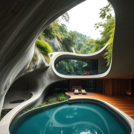 This dwelling is part of a collection of jungle residences crafted to seamlessly integrate with their natural environment, emulating the organic forms of the surrounding cliffs to establish harmony with the dense subtropical landscape. Constructed from raw concrete, tempered glass, and rich teak, the materials enhance the verdant setting while encouraging a tactile connection to the surroundings. Smooth curves, such as the recessed lounging nook and the oval pool, mirror the mountain's contours, while expansive, undulating apertures welcome nature into the living areas. The design prioritizes openness and fluidity, enveloping the inhabitant in the untamed beauty of the jungle while offering an aura of elegance and tranquility.