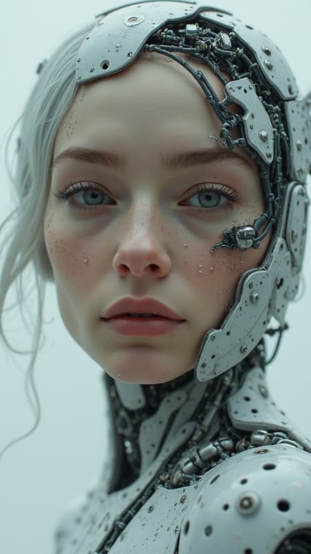 Realistic photograph of a woman integrated with robot parts, digital 3D, featuring hard surface design, intricate detailing, and character design. Captured in real-time with VFX, highly detailed and trending on art platforms, with sharp focus and captured in UHD HDR. The image includes elements of artistic imperfection, slightly blurry areas, and intentionally distorted proportions, with abstract elements resembling a signature, faint words, and a touch of a watermark visible subtly within the composition.
