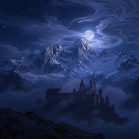 Snow-capped Mountains Rise Art In the distance, snow-capped mountains rise majestically, their peaks cloaked in swirling clouds. The mountains boast a deep, rich indigo hue, with subtle hints of lavender and slate that shift and dance in the moonlit glow. They stretch endlessly, creating an impression of vastness and scale that captivates the eye. The lighting is soft and otherworldly, as the full moon casts a silvery luminescence across the scene. This moonlight accentuates the intricate textures and details of the ancient castle and surrounding terrain, adding depth and dimension. Shadows are profound and dark, with whispers of blue and violet enhancing the enduring sense of mystery and magic. The image as a whole evokes breathtaking beauty and wonder, as the regal castle and the magnificent natural landscape combine to inspire a feeling of awe and enchantment.