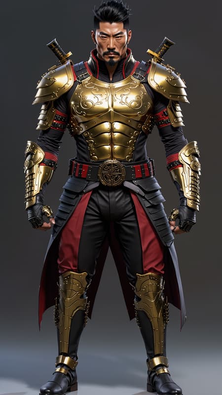 Sci-Fi, futuristic Techno Samurai with magnetic power. Masculine Asian male, Japanese. Short black hair, buzz cut. Strong brow and jaw, black and intense eyes. Goatee with Fu-Manchu mustache. Short but stocky, muscular, sinewy. Broad back, wide shoulders, broad chest, strong legs. Metallic gold Samurai Helm, pauldrons, upper body armor with a modern tech style, glowing glyphs on the chestplate. Long sleeved crimson spandex shirt underneath the armor, golden tech bracers on his arms, Samurai gloves on his hands. Black leather belt with heavy buckle and rivets around his waist. Crimson-red textured tights/pants, shiny black knee-high boots. He carries two golden Samurai swords that he controls with his magnetic powers. He can also create metal shrapnel from thin air to throw at his enemies. Full body pose, usually some metal objects floating around in his orbit. 