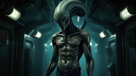 A masterpiece featuring a creepy, unsettling alien creature with unique alien skin and clothing, set in a damp, steamy, highly detailed spaceship corridor. The scene is illuminated by flickering halogen lamps, casting muted dark colors that enhance the high dynamic range of the composition. The alien stands in an aggressive, sultry pose, displaying a perfect, detailed face and body adorned with alien tattoos, scars, smudges, and oil-greased skin. The creature's form is defined by complex details, with highly detailed skin, a striking face, and reflective, wet textures that suggest dripping water, reminiscent of 'The Alien' film franchise. The image is photorealistic, a masterpiece of hyperrealism with an analog style rendered in 8K UHD, RAW. Rendered using octan techniques, the piece is concept art, professionally color graded with a muted LUT. It draws inspiration from the works of HR Giger, Hans Ruedi Giger, Aaron Horkey, and Jeremy Mann. Despite being inspired by the darkness of mutation and evolutionary aberration, the alien's design is executed with precision, avoiding poorly drawn or anatomically incorrect features, and instead showcasing the weird beauty of otherworldly existence.