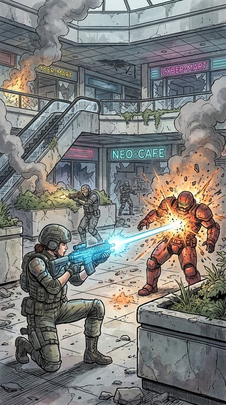 Comic book style illustration, a female soldier in tactical gear kneeling and firing a futuristic energy rifle, a blue energy beam hitting a red armored enemy soldier in the chest, causing an explosion of sparks and debris. Other grey armored enemies are in the background, one firing a conventional rifle. The scene is a futuristic shopping mall atrium with planters, escalators, and damaged storefronts with neon signs. Smoke rises from various points. Dynamic action, intense lighting from the energy weapon, muted color palette with vibrant neon accents and weapon effects. Gritty, war-torn atmosphere. Detailed line art with watercolor fills.