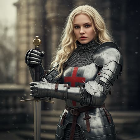 medieval fantasy warrior woman, armored knight, intricate metal attire, alluring, brandishing a sword, ultra-realistic 8k visual, cinematic ambiance, sharp focus, rich details, precise depth of field, elegant framing, high resolution, shot with a 50mm lens, ideal f/1.4 setting, avoiding imperfections such as low quality, unattractive composition, duplication errors, distortion, or flawed anatomy, ensuring natural proportions, complete limbs, accurate hands, and a well-defined face, without any digital artifacts or intrusive elements.