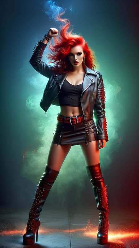 Heavy Metal biker Chick, super-hero . Feminine young woman. Long, wild flaming red hair swept back on one side, loose curls. Jade green eyes, moderate make-up, ruby red lips. Pretty, model girl, athletic, tall, busty. Black leather jacket, black spandex T-shirt, studded black leather bracelets on arms. Black leather mini-skirt, studded leather belt. Long legs, thigh high stiletto-heeled black leather boots.  Red energy/fire from right hand/fist, blue energy/fire from left hand/fist.  Full body pose. She always has a Harley motorcycle somewhere close by, high powered and lights on. 