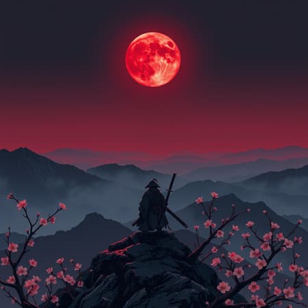 A lone ronin broods on a Japanese mountain peak, his energy a mix of melancholy and rage. Above, the moon hangs low and ominous, its usual glow marred by a blood-red stain that drapes the landscape in a haunting aura. Delicate cherry blossoms dance in the wind around him, their fragile beauty contrasting sharply with his turbulent emotions. The scene captures the complexity of his inner turmoil under the celestial spectacle, blending nature's whimsy with the intense depth of a warrior's solitude.