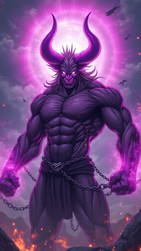 Demon Warrior A formidable demon warrior with imposing horns stands ready for battle, chains swirling around its powerful form. Purple fire ignites from its clenched fists, casting a menacing glow, while a radiant pink energy halo pulsates around its head. The scene is depicted in dynamic anime and manga style, with intricate details capturing the tension in the demon's muscular physique and the fierce intensity in its glowing eyes, all set against a dramatic 16:9 backdrop.
