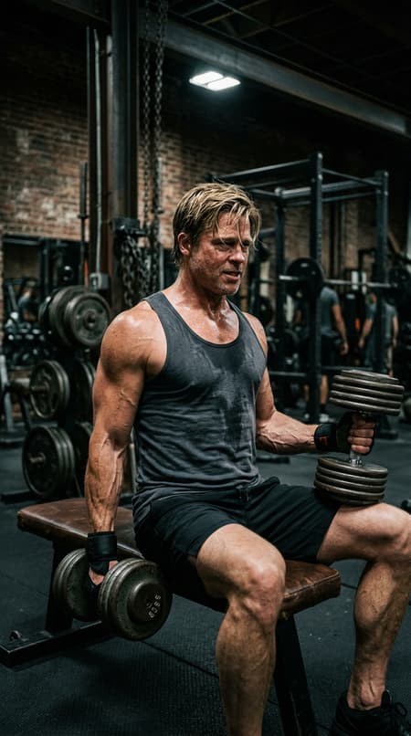 Brad Pitt lifting heavy dumbbells in a dark industrial gym, focused expression, dramatic chiaroscuro lighting, sweat on skin, professional fitness photo