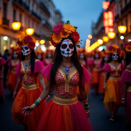 Colorful Dia Colorful and vibrant Dia de los Muertos celebration in the heart of Mexico City, captured in high-resolution with ultra-realistic detail, featuring intricately painted skulls, elaborate costumes, and energetic dancers parading through bustling streets, emphasis on dynamic movement and cultural richness, illuminated by ambient evening lighting, with an artistic flair --aspect ratio 1:2 --enhanced stylization level 750 --version 6.1.