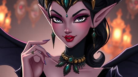 A stunning dark elf queen, more enchanting than any Disney princess, with intricately jeweled facial designs and elegant strappy heels. She exudes a regal allure with a plunging neckline and a playful yet cunning anime-inspired expression. Styled in Disney's signature animation, she radiates a captivating presence in high-quality 16K UHD with HDR. Her beauty is flawless, with graceful features, mesmerizing eyes, and perfectly aligned proportions, all within a single, harmonious frame. No unnecessary elements or distortions, just a seamless portrayal of this mesmerizing new Disney villain.