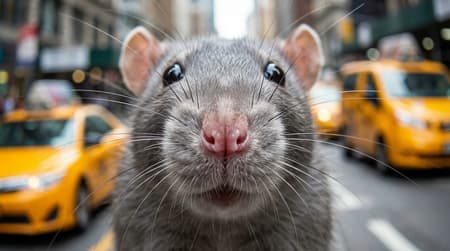 Subject: A hyper-realistic extreme close-up macro shot of a grey rat's face, positioned directly in front of the camera lens. The focus is sharp on the texture of its wet pink nose, individual long whiskers, and soft grey fur.

Style: High-end macro photography with a "fisheye" or wide-angle perspective. 8k resolution with extreme attention to detail and depth of field.

Lighting: Bright, natural daylight that creates realistic highlights in the rat's eyes and on its whiskers.

Details: The background is a vibrant, shallow depth-of-field (bokeh) urban scene featuring a line of blurred yellow taxi cabs, suggesting a busy New York City street during the day.

Aspect Ratio & Format:

Vertical (portrait)
