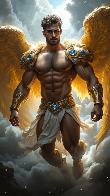 ARCHANGEL, celestial, galaxy protector, universal warrior Angel. Hypermasculine Caucasian male. Tall, muscular, sinewy, broad shoulders, broad chest, wide back, narrow waist, strong muscular legs, thick hairy forearms. Bodybuilder physique. Extremely hirsute hairy chest, abs, arms, thighs, legs {{{hirsute hairy chest and abs}}}. Dark brown hair, short length wavy fade style, cut close on sides with tousled curls on top {{{short hair}}}. Metallic golden circlet headband tied around head/brow. Strong brow, squared jaw, thick brows, handsome, masculine, rugged good looks. Clean shaven, beardless face. {{Electric blue eyes}} glowing and bright. Metallic gold pauldrons with sapphire gems on both shoulders, metallic gold bracers with sapphire accents on his hairy arms. Metallic gold harness across his hirsute hairy chest; gold ring in the middle, metallic straps on both sides of shoulders, the other two under each Pectoral. An ornate gold belt with sapphire gems around his waist. Metallic gold jockstrap, full and girthy. Metallic gold boots, up to mid calf. Enormous gold Angel wings, spread open and flying. He shines with a golden aura of light, bright as the sun. Full body pose, flying through space towards Heaven. ARCHANGEL, celestial, galaxy protector, universal warrior Angel. Hypermasculine Caucasian male. Tall, muscular, sinewy, broad shoulders, broad chest, wide back, narrow waist, strong muscular legs, thick hairy forearms. Bodybuilder physique. Extremely hirsute hairy chest, abs, arms, thighs, legs {{{hirsute hairy chest and abs}}}. Dark brown hair, short length wavy fade style, cut close on sides with tousled curls on top {{{short hair}}}. Metallic golden circlet headband tied around head/brow. Strong brow, squared jaw, thick brows, handsome, masculine, rugged good looks. Clean shaven, beardless face. {{Electric blue eyes}} glowing and bright. Metallic gold pauldrons with sapphire gems on both shoulders, metallic gold bracers with sapphire accents on his hairy arms. Metallic gold harness across his hirsute hairy chest; gold ring in the middle, metallic straps on both sides of shoulders, the other two under each Pectoral. An ornate gold belt with sapphire gems around his waist. Metallic gold jockstrap, full and girthy. Metallic gold boots, up to mid calf. Enormous gold Angel wings, spread open and flying. He shines with a golden aura of light, bright as the sun. Full body pose, flying through space towards Heaven.