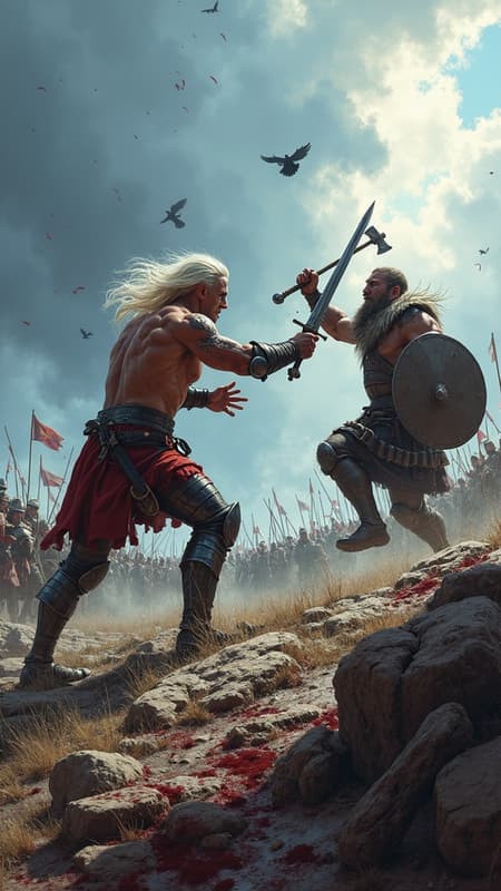 A highly detailed, dramatic oil-paint illustration in the classic Boris Vallejo fantasy style — hyper-realistic anatomy, rich saturated colors, glossy highlights on steel and skin, sweeping dynamic composition, and theatrical battlefield lighting. The scene captures a brutal moment from Joe Abercrombie’s The Heroes, set atop the blood-soaked hill during the chaos of the Northmen and Union clash.
At the center of the composition stands Bremer dan Gorst, bareheaded, his long pale hair whipping violently in the wind, face twisted in focused fury. His muscular frame is rendered with Vallejo-esque precision — powerful shoulders, scarred arms glistening with sweat and streaked with blood. He wears polished Union plate armor, dented and slashed, reflecting the cold northern sunlight in sharp metallic gleams. His two-handed sword is mid-swing in a devastating horizontal arc, frozen at the instant before impact.
Opposite him, a towering Northman warrior — broad, fur-cloaked, braided beard thick with grime and frost — raises a chipped axe too late to defend. His physique is equally exaggerated in heroic proportion, veins standing out across his forearms, muscles coiled beneath pale, scarred skin. His round shield splinters under the force of Gorst’s blow.
The battlefield of the Heroes hill rises behind them — a rocky, uneven slope churned into mud and trampled grass. Fallen banners whip violently in the wind. Scattered bodies lie twisted across the hillside, armor dulled with grime, shields cracked, blades half-buried in earth. In the near distance, Union pikemen brace against a charging line of Northmen, their formation fracturing amid smoke and dust.
The sky above is vast and turbulent — heavy northern clouds split by shafts of stark sunlight that illuminate the central duel like a divine spotlight. Ravens circle overhead. Dust, ash, and flecks of blood hang suspended in the air, catching the light.
The color palette is bold and saturated in true Vallejo fashion: deep crimson blood against cold steel, icy sky blues, rich earthy browns, burnished gold accents on Union armor, and the muted gray-green of northern terrain. Skin tones are luminous and idealized, with dramatic highlights and shadow sculpting every muscle.
Textures are rendered in oil-paint richness: gleaming polished armor, coarse fur mantles, splintering wood, wet mud clinging to boots, sweat-slick skin, bright arterial spray caught midair. Light glints dramatically along blade edges and armored curves.
The composition emphasizes heroic brutality — bodies angled in powerful diagonals, weapons forming intersecting lines of motion. The perspective is slightly low, giving the fighters mythic stature despite the grim reality of Abercrombie’s grimdark world.
This is not a sanitized fantasy battle — it is visceral, immediate, and savage — but rendered with the grand, almost operatic intensity of a Boris Vallejo epic painting.
A Boris Vallejo-style high-fantasy oil painting capturing Bremer dan Gorst in a savage duel atop the Heroes hill — muscular, dramatic, blood-soaked, and mythic in scale, embodying the brutal grandeur of Joe Abercrombie’s The Heroes.