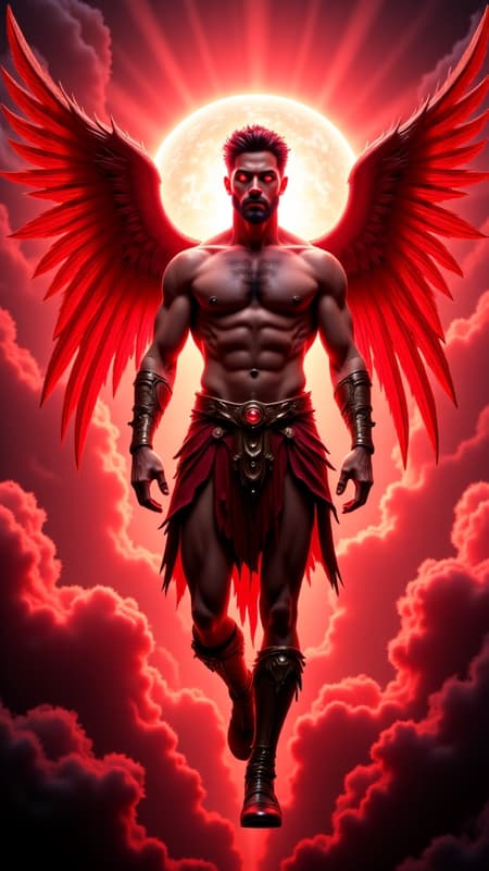 Anteres, Angel of the Red Star (red supergiant star). Celestial, powerful, warrior Angel, universal power. Tall, muscular, bodybuilder's build, big massive muscles. Caucasian male, strong brow and jaw, squared jaw, handsome masculine rugged face, sculpted cheeks. Glowing red eyes with a piercing stare. Short spiky flaming red hair fade hairstyle short on sides and back, longer on top. Short, sculpted well trimmed red Beard close to face. Bare chest, rippling muscles. Metallic red pauldrons on shoulders, metallic red bracers on arms, metallic red gladiator kilt barely covering legs. Metallic gold belt with Ruby gem center. Metallic red boots, knee-high length. Huge red feathery Angel wings ranging from scarlet to crimson, the brighter feathers on the insides and center of wings. He has a bright red aura and emits red energy, just like the star he is connected to. Full body pose, flying through space around the red supergiant star, Anteres. 