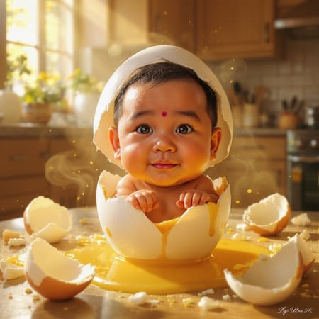 Realistic-caricature of a big-headed baby with the face of an Indonesian adult man emerging from a newly hatched egg, grasping the rim of the eggshell, surrounded by glossy yolk. In the background, several identical broken eggs are scattered across a warm, inviting kitchen setting, where a woman is cheerfully cooking. Sunlight streams through a window, casting a gentle glow over the scene. Ultra HD, 5k.