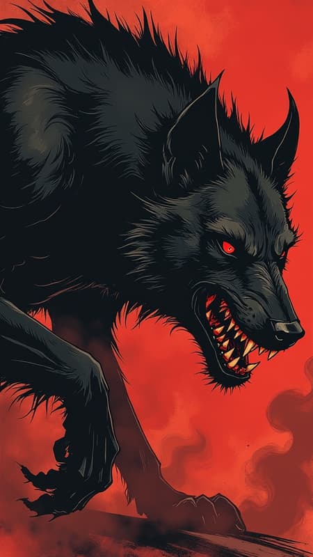 Horror, dark fantasy. Hellhound, demonic wolf. A huge wolf with jet black fur and glowing/shining red eyes. It has an aura of red flames and appears to be on fire. It can breathe these red flames from its mouth, and black smoke exudes from its nostrils. Large, sharp fangs and claws. It roams the night looking for unrepentant sinners, or is sent to collect the souls of those that have made deals with demons. Its usually invisible to most people, but the people or person it's hunting can see it clearly. It moves very fast and can run in mid air if it desires. Once it spots its target, it pursues until the victim is caught and dragged down to Hell. It disappears at dawn, not liking light, for light represents good and God. 