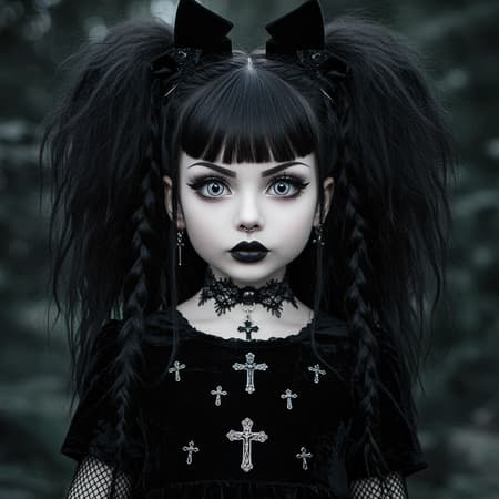 Gothic girl, adorable, showcasing Gothic fashion elements, vivid facial expressions, captured using a Sony a7III with a natural and unprocessed style, aspect ratio 35:64.
