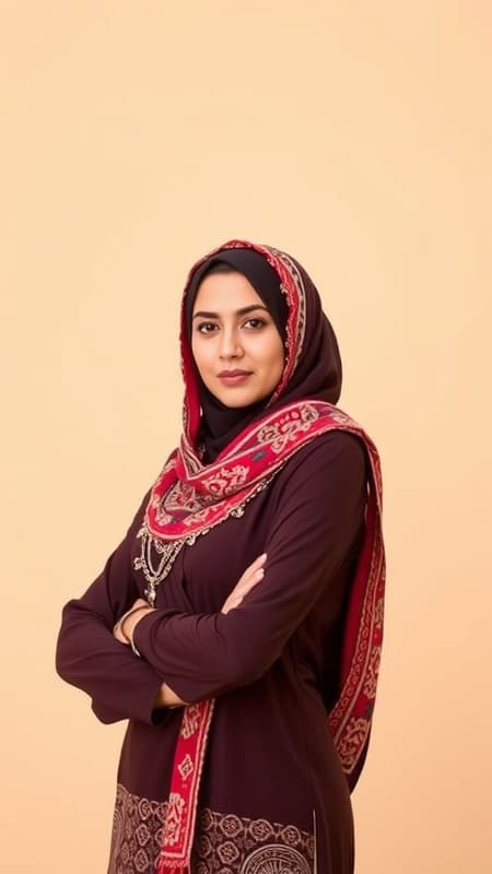 A confident Arab woman in her early 30s stands gracefully against a soft, sandy beige background, her poise exuding strength and elegance through subtle hints of cultural attire.