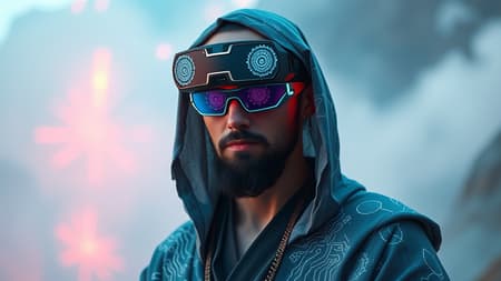 A cybernetic zen master bounty hunter adorned in flowing futuristic robes integrated with delicate circuitry patterns, wearing sleek, advanced AR goggles that project calming holographic mandalas. His serene expression contrasts with the vibrant, ethereal glow of his surroundings, where neon hues blend seamlessly with misty, otherworldly landscapes. The fusion of ancient wisdom and cutting-edge technology is evident in the intricate detail of his attire, embodying a perfect balance of tranquility and precision in his quest.