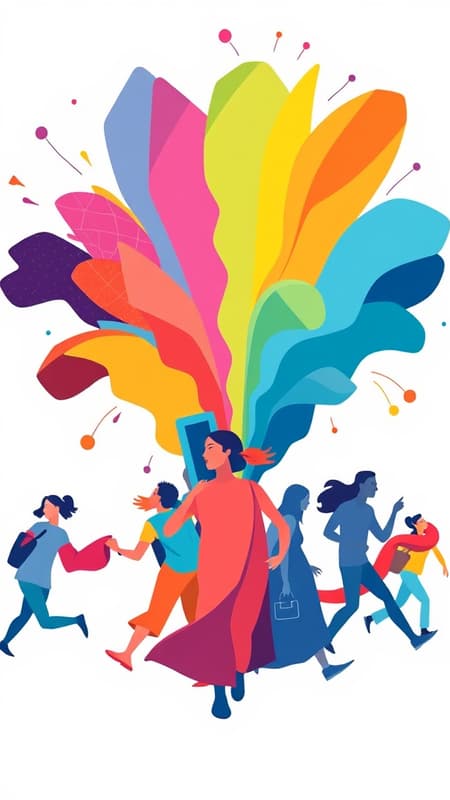 Vibrant tourism illustration featuring dynamic figures in motion, bursting with a rainbow of colors against a crisp white background, showcasing simplistic shapes and clean lines in a minimalist flat design.