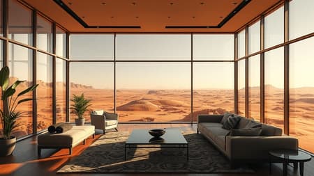 Modern living room featuring expansive windows revealing a breathtaking view of the Martian surface outside, blending elements of fantasy and digital art, crafted to perfection. The scene captures intricate details akin to an 8k CG unity wallpaper, presenting high-detail, photorealistic art reminiscent of the styles of Midjourney and Greg Rutkowski, yet with subtle matte finishes reflecting Bryan Organ influences. The atmosphere is enhanced with unique creative touches, maintaining the essence of a serene yet otherworldly living space.