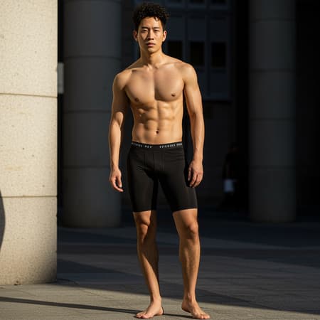 A striking portrait of a young man in the city, aged 35, captured in the late afternoon as he stands confidently. He is handsome and muscular, embodying the essence of Asian American beauty with a Japanese heritage. Clad in form-fitting shorts that reveal his athletic physique, he wears no jewelry, allowing his perfect hands and flawless face to be the focal points. The sun illuminates his short, curly black hair with a warm glow, while the sunlight accentuates his well-defined, slightly hairy legs and bare feet. This award-winning photograph, shot on Kodak Portra 800 with a Hasselblad 500C and a 55mm f/1.8 lens, features an extreme depth of field. It's captured using available light, characterized by high contrast, meticulously presented in Ultra HD, HDR, DTM, and stunning 8K quality.