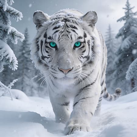 Photorealistic image of a majestic white tiger with striking teal eyes, walking directly towards the viewer through deep, fresh snow. The tiger's fur is dusted with snow and frost, with subtle dark stripes. The background features a snowy forest with pine trees covered in hoarfrost under a soft, overcast sky, with gentle snowfall visible. Cool, muted lighting creates a serene yet powerful mood. Dominant colors are whites, grays, and subtle blues, with vibrant teal eyes as a focal point. Close-up, eye-level perspective. Intricate fur details, visible whiskers, and breath misting from the tiger's nose.