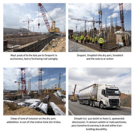 "Photographs capturing the bustling construction site of the dry port in Drogobich, showcasing cranes lifting heavy materials against a backdrop of partly cloudy skies, workers in high-visibility vests collaborating on the foundation, and large trucks transporting essential building supplies, highlighting progress and innovation in modern infrastructure development." "Photographs capturing the bustling construction site of the dry port in Drogobich, showcasing cranes lifting heavy materials against a backdrop of partly cloudy skies, workers in high-visibility vests collaborating on the foundation, and large trucks transporting essential building supplies, highlighting progress and innovation in modern infrastructure development."