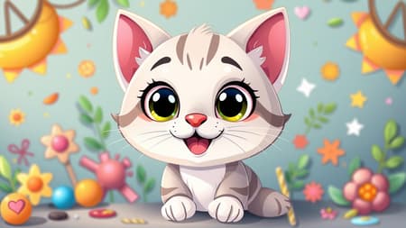 Adorable cartoon cat with big eyes, happily gazing at the viewer, surrounded by vibrant, playful elements, and featuring a whimsical background in a vector style.