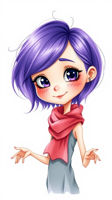 Cartoon character with vivid purple hair and a stylish scarf around her neck, set against a plain white background. The character is depicted in a watercolor style with delicate brush strokes, reminiscent of classic paintings and sketches. Her appearance includes unique features such as skin spots, subtle blemishes, and a hint of age spots, adding character to her youthful visage. A soft backlight casts gentle shadows, emphasizing her expressive eyes and playful expression. The depiction maintains a whimsical charm, with slightly exaggerated proportions common in cartoons, ensuring that her hands and limbs appear quirky yet endearing. Her pose suggests movement, as if caught in a moment of playful spontaneity, embodying the essence of an imaginative and artistic animation style.