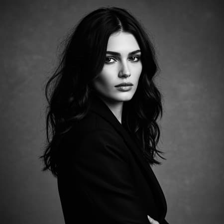 Black and white fashion editorial photography inspired by Bruce Davidson, featuring a striking dark-haired woman captured with long exposure techniques for an artistic and ethereal effect, high-resolution and hyper-realistic with a professional touch, utilizing cinematic angles and dynamic backlighting to create a dramatic silhouette, softened by a gentle bokeh background.