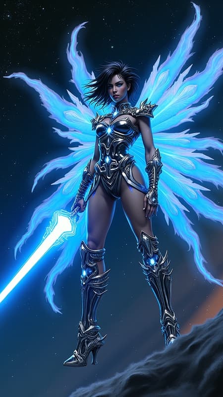 Futuristic Sci-Fi meets mythology and spirituality. Battle goddess, goddess of vengence and retribution. Avenging Angel, God's favorite destroyer of evil, demon killer, galactic traveller, space goddess. Her avatar is that of an otherworldly being; she is tall, strong, athletic, statuesque. Her physical being/skin is the fabric of the universe, you can see darkness with stars and galaxies within her physicality. Her eyes are two new-born stars, shining brightly. Her hair is jet-black medium length and spiky, asymmetrical and swept back on the sides with spiky bangs, also reflecting the universe. Chrome pauldrons on her shoulders with white gems lit up from within. Chrome bracers on her arms, chrome breastplate with glowing white glyphs, chrome tech belt on her waist with glowing blue stone at the center. Chrome shorts/ short pteruges, chrome thigh guards. Chrome knee-high boots with heels, glowing white glyphs within the boots. She has six HUGE flaming wings of fire like a seraphim, composed of bright blue flames. She carries a gigantic flaming blue sword of light and fire. She has more than enough power and glory to destroy whatever evil confronts her. When The Creator sets her to a task, she does not stop until it's completed or The Creator calls her off. Full body pose, in space defending a galaxy, the stars reflected off her chrome outfit. {{{6 flaming wings of bright blue fire}}}  {{{MASTERPIECE}}} 