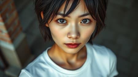 A highly detailed and realistic portrait of a Chinese woman with large, expressive eyes and short, tousled hair, captured outdoors. She is wearing a simple white t-shirt and is gazing directly into the camera with chapped lips. The image is taken in soft, natural lighting, featuring elements of magical and dramatic illumination, achieving photo-realism with an ultra-detailed, intimate composition. Shot with a Leica 50mm, f1.4 lens, the portrait showcases a busty figure, emphasizing a natural and authentic aesthetic. A highly detailed and realistic portrait of a Chinese woman with large, expressive eyes and short, tousled hair, captured outdoors. She is wearing a simple white t-shirt and is gazing directly into the camera with chapped lips. The image is taken in soft, natural lighting, featuring elements of magical and dramatic illumination, achieving photo-realism with an ultra-detailed, intimate composition. Shot with a Leica 50mm, f1.4 lens, the portrait showcases a busty figure, emphasizing a natural and authentic aesthetic.