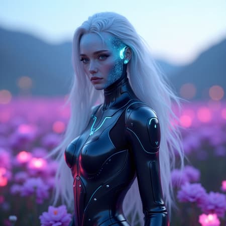 (masterpiece, best quality, photorealistic:1.3), 8k, vertical portrait, 1girl, futuristic cyborg woman, mechanical android face, (glowing blue circuitry on skin:1.2), metallic skin texture, one robotic eye, long flowing platinum white hair, wearing sleek black sci-fi armor with neon cyan trim, standing in a magical field of glowing pink and purple bioluminescent flowers, soft bokeh, mountains in background, ethereal atmosphere, cinematic lighting, depth of field, unreal engine 5 render.