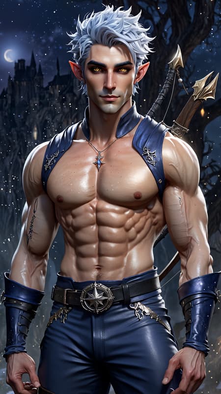 Faerie and Fantasy, The Dreaming. Elf. Moon Elf, pale white elf. Hypermasculine male. Short, stocky, wide shouldered, broad chested, narrow waist, sinewy, well defined. Strong, muscular. Pale white skin the color of snow, dusted in glittery moondust. Short length dark indigo-blue hair, short on sides and spiky on top. {{{SHORT HAIR, INDIGO BLUE HAIR}}}. Sparkling silver eyes, playful and cheery. Handsome masculine face, strong brow and chin, cleft in chin. Indigo-Blue soul-patch on face. Elf ears. His skin is dusted in silvery glitter. Silver talisman with crystal quartz pendant around his neck. Navy blue sleeveless shirt unbuttoned to navel, revealing his chest. Silver arm bands above his biceps, silver earring in left ear, along with silver ear cuffs. Black leather fingerless gloves, black leather bracers on arms. Black leather belt around waist, silver and sapphire belt buckle. Navy blue rangers pants/tights, form fitting and smooth over powerful legs and bulge in crotch. Soft gray boots, knee-high and slouchy/supple bucket boots. He holds a golden magical bow. He has a soft, silvery aura under moonlight, signifying elven magic. Full body pose, he is the archer, the Dream Archer. Faerie and Fantasy, The Dreaming. Elf. Moon Elf, pale white elf. Hypermasculine male. Short, stocky, wide shouldered, broad chested, narrow waist, sinewy, well defined. Strong, muscular. Pale white skin the color of snow, dusted in glittery moondust. Short length dark indigo-blue hair, short on sides and spiky on top. {{{SHORT HAIR, INDIGO BLUE HAIR}}}. Sparkling silver eyes, playful and cheery. Handsome masculine face, strong brow and chin, cleft in chin. Indigo-Blue soul-patch on face. Elf ears. His skin is dusted in silvery glitter. Silver talisman with crystal quartz pendant around his neck. Navy blue sleeveless shirt unbuttoned to navel, revealing his chest. Silver arm bands above his biceps, silver earring in left ear, along with silver ear cuffs. Black leather fingerless gloves, black leather bracers on arms. Black leather belt around waist, silver and sapphire belt buckle. Navy blue rangers pants/tights, form fitting and smooth over powerful legs and bulge in crotch. Soft gray boots, knee-high and slouchy/supple bucket boots. He holds a golden magical bow. He has a soft, silvery aura under moonlight, signifying elven magic. Full body pose, he is the archer, the Dream Archer.