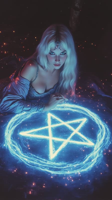 Full body portrait of a beautiful pale-skinned woman with shiny white hair and dark blue eyes laying down in the center of a large glowing pentagram circle. She is wearing a stylish multicolored silk robes, fishnets and straps bodysuit reminiscent of the darkness of space including the engrossing inferno of cosmic events and faint the twinkling of stars. The pentagram scrawled into the very fabir of space time eminates a fiery blue light to faintly illuminate the image. The portrait is in the style of a space themed oil painting focusing on red, blue, white, and black colors. The dark background behind the woman and pentagram is filled with faint glowing flecks of red and blue light. ArsMovieStill Full body portrait of a beautiful pale-skinned woman with shiny white hair and dark blue eyes laying down in the center of a large glowing pentagram circle. She is wearing a stylish multicolored silk robes, fishnets and straps bodysuit reminiscent of the darkness of space including the engrossing inferno of cosmic events and faint the twinkling of stars. The pentagram scrawled into the very fabir of space time eminates a fiery blue light to faintly illuminate the image. The portrait is in the style of a space themed oil painting focusing on red, blue, white, and black colors. The dark background behind the woman and pentagram is filled with faint glowing flecks of red and blue light. ArsMovieStill