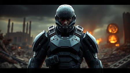 Futuristic cybernetic combat armor-clad marine stands with a fierce expression against an apocalyptic war-torn backdrop. Science fiction elements blend with realism, highlighting intricately detailed armor, lifelike skin textures, and reflecting a photo-realistic finish. With diffused soft lighting and a shallow depth of field, the marine is captured in sharp hyperrealism, emphasizing each gritty detail. The 3D render includes cinematic CGI lighting and a full-length frame, underscoring the dramatic, visceral environment. Incorporating subtle creative enhancements, this description avoids imperfections such as poor proportions or anatomical errors, focusing instead on dynamic, realistic representation without detracting from the thematic essence.