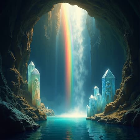 An ethereal cave interior bathed in mystical light, featuring a dramatic waterfall cascading into a deep pool. Massive, glowing quartz crystals dominate the foreground, reflecting iridescent rainbows and sparkling light. A brilliant rainbow arc from the top left illuminates the scene, casting vibrant colors onto ancient, carved cave walls with intricate humanoid figures. The light ray is filled with shimmering golden particles. The art style is a blend of classical oil painting and fantasy, with rich textures and dramatic chiaroscuro. The mood is magical and awe-inspiring. Deep blues, greens, and earthy browns are contrasted by the vivid spectrum of the rainbow and the sparkling light.