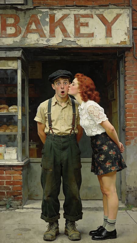 A hyper-realistic vintage painting in the style of Norman Rockwell, full body height with feet painting depicting A young couple in 1940s working-class attire, standing in Front of a gritty urban storefront. The Young man is wearing a dark flat cap, a beige short-sleeved shirt with suspenders, and high-waisted dark green wide-leg trousers with work boots, looking with wide open eyes in surprise at the young woman kissing his cheek. The young woman has vintage wavy red hair, wearing a white lace patterned top and a short dark floral skirt, black shoes and bobby-socks. She is Standing with her hands behind behind her back.The background features a weathered bakery with aged brickwork. The couple are Standing centered in the Painting. Natural soft lighting, moody atmosphere, film grain, muted vintage color palette, painterly yet hyper-realistic textures, highly detailed