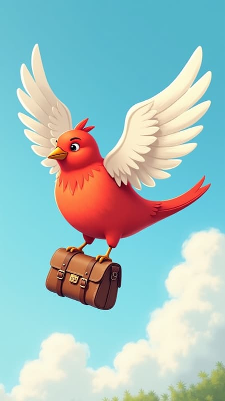 Logo for travel website featuring a vibrant red bird with elegant white wings, gracefully holding a vintage travel bag, set against a serene blue sky adorned with fluffy white clouds; inspired by Beatrix Potter's intricate and whimsical art style, embracing a cottage core aesthetic; rendered in 8K resolution with exceptional detail, captured from a dynamic 45-degree angle to add depth and charm.