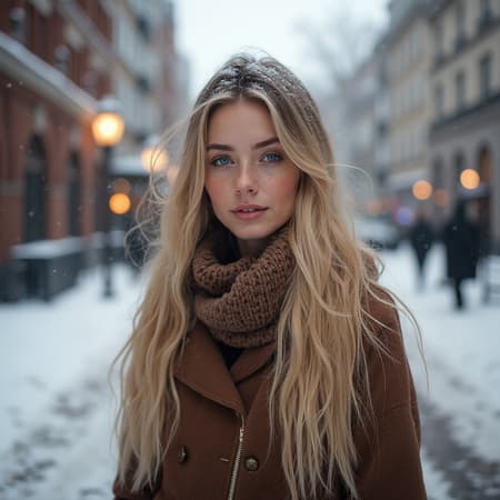 Professional portrait photograph of a striking Norwegian girl in winter attire with long, flowing blonde hair, a sprinkle of freckles, a beautifully balanced face, subtle, natural makeup, standing outdoors on a snowy city street in a stunning, contemporary urban upscale setting, ultra-realistic, concept art style, gracefully detailed, intricately captured, sharp focus, depth of field, f/1.8, 85mm, medium shot, bright, gentle diffused lighting, a hint of atmospheric fog, widely admired on Instagram, popular on Tumblr, HDR 4K, 8K, enhanced detail and vibrancy.