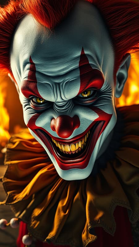 A hyper-detailed masterpiece photograph capturing a sinister clown with an infernal, malevolent spirit; the clown's face, painted with garish colors, is twisted into a cruel smile that contrasts sharply with its soulless, piercing eyes. Shadows play across its features, adding depth to the deep wrinkles and gleaming, razor-sharp teeth. The background is a surreal landscape of chaos and fire, reflecting the clown's chaotic essence. Eerie, otherworldly lighting highlights the fiendish details of its costume, adorned with tattered, colorful fabric and bizarre, unsettling patterns. A hyper-detailed masterpiece photograph capturing a sinister clown with an infernal, malevolent spirit; the clown's face, painted with garish colors, is twisted into a cruel smile that contrasts sharply with its soulless, piercing eyes. Shadows play across its features, adding depth to the deep wrinkles and gleaming, razor-sharp teeth. The background is a surreal landscape of chaos and fire, reflecting the clown's chaotic essence. Eerie, otherworldly lighting highlights the fiendish details of its costume, adorned with tattered, colorful fabric and bizarre, unsettling patterns.