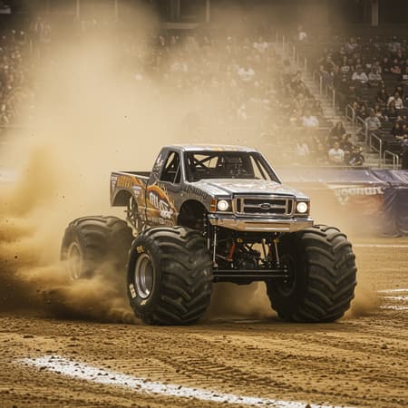 A thrilling photograph showcasing the immense power and dynamic motion of a monster truck as it barrels directly towards the lens, expertly capturing the vehicle's explosive energy and the intricate details of its design. The shot emphasizes a wide dynamic range, balancing the gleaming highlights of the truck's polished surface and the deep shadows cast by the massive tires, while dust and debris kicked up in the air add a sense of speed and intensity to the scene.