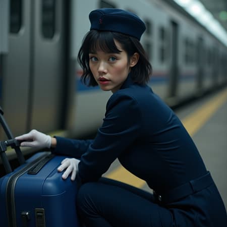 Photorealistic portrait of a young woman with short dark hair and striking blue eyes, wearing a dark blue uniform with a matching cap and white gloves, crouching next to a blue suitcase on a train platform. She is looking over her shoulder at the viewer with a surprised expression. The composition is a medium shot, with a train door and platform visible in the background. The lighting is soft and even, highlighting her features. The mood is slightly mysterious and engaging. The colors are dominated by the deep blues of her uniform and suitcase, contrasted with the metallic silver of the train and the warm tones of the platform. Detailed, high-quality, sharp focus, cinematic lighting.