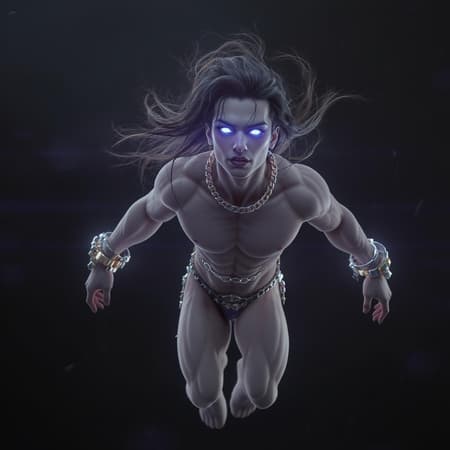 Floating figure with dynamic angles, featuring intricate metallic silver accessories and glowing eyes, rendered in high resolution 3D art style reminiscent of Unreal Engine 5. The subject has flowing hair and clear lines defining good facial features, with striking blue-purple gradient eyes that captivate attention. Floating figure with dynamic angles, featuring intricate metallic silver accessories and glowing eyes, rendered in high resolution 3D art style reminiscent of Unreal Engine 5. The subject has flowing hair and clear lines defining good facial features, with striking blue-purple gradient eyes that captivate attention.