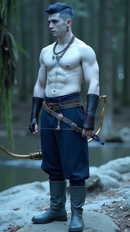 Faerie and Fantasy, The Dreaming. Elf. Moon Elf, pale white elf. Hypermasculine male. Short, stocky, wide shouldered, broad chested, narrow waist, sinewy, well defined. Strong, muscular. Pale white skin the color of snow, dusted in glittery moondust. Short length dark indigo-blue hair, short on sides and spiky on top. {{{SHORT HAIR, INDIGO BLUE HAIR}}}. Sparkling silver eyes, playful and cheery. Handsome rugged masculine face, strong brow and chin, cleft in chin. Indigo-Blue soul-patch on face below bottom lip. Sharp Elf ears. His skin is dusted in silvery glitter. Silver talisman with crystal quartz pendant around his neck. Navy blue sleeveless shirt unbuttoned to navel, revealing his chest. Silver arm bands above his biceps, silver earring in left ear, along with silver ear cuffs. Black leather fingerless gloves, black leather bracers on arms. Black leather belt around waist, silver and sapphire belt buckle. Navy blue rangers pants/tights, form fitting and smooth over powerful legs and bulge in groin. Soft gray boots, knee-high and slouchy/supple bucket boots. He holds a golden magical bow. He has a soft, silvery aura under moonlight, signifying elven magic. Full body pose, he is the archer, the Dream Archer. Faerie and Fantasy, The Dreaming. Elf. Moon Elf, pale white elf. Hypermasculine male. Short, stocky, wide shouldered, broad chested, narrow waist, sinewy, well defined. Strong, muscular. Pale white skin the color of snow, dusted in glittery moondust. Short length dark indigo-blue hair, short on sides and spiky on top. {{{SHORT HAIR, INDIGO BLUE HAIR}}}. Sparkling silver eyes, playful and cheery. Handsome rugged masculine face, strong brow and chin, cleft in chin. Indigo-Blue soul-patch on face below bottom lip. Sharp Elf ears. His skin is dusted in silvery glitter. Silver talisman with crystal quartz pendant around his neck. Navy blue sleeveless shirt unbuttoned to navel, revealing his chest. Silver arm bands above his biceps, silver earring in left ear, along with silver ear cuffs. Black leather fingerless gloves, black leather bracers on arms. Black leather belt around waist, silver and sapphire belt buckle. Navy blue rangers pants/tights, form fitting and smooth over powerful legs and bulge in groin. Soft gray boots, knee-high and slouchy/supple bucket boots. He holds a golden magical bow. He has a soft, silvery aura under moonlight, signifying elven magic. Full body pose, he is the archer, the Dream Archer.